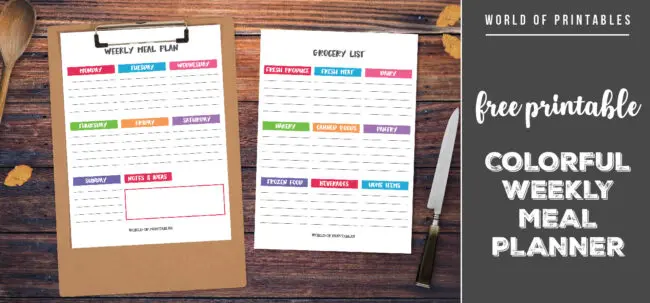 Free Printable Colorful Weekly Meal Planner