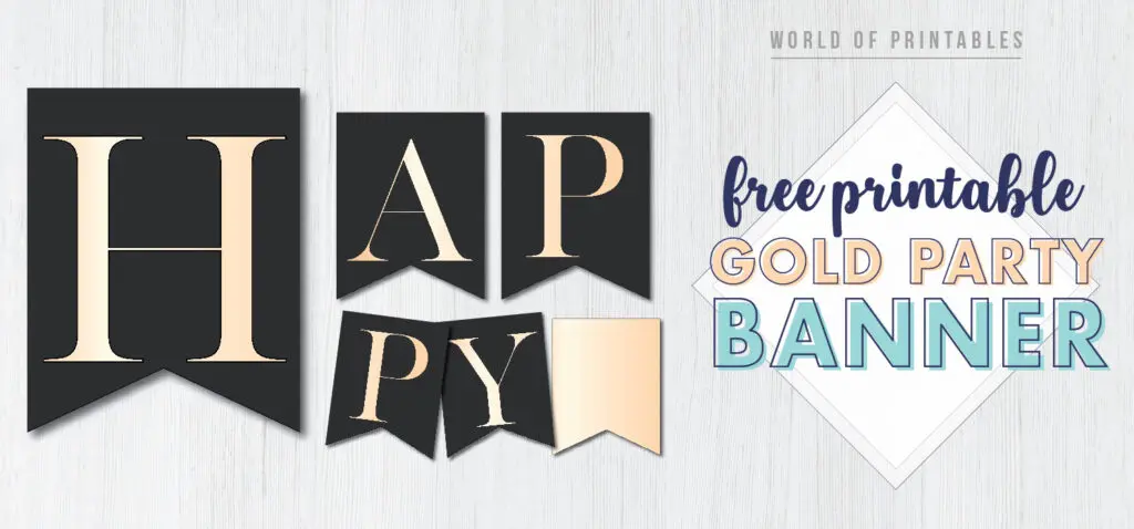 Gold happy birthday banner free printable with gold letters. This stylish banner pennant flags with gold letters is perfect for a happy birthday party.