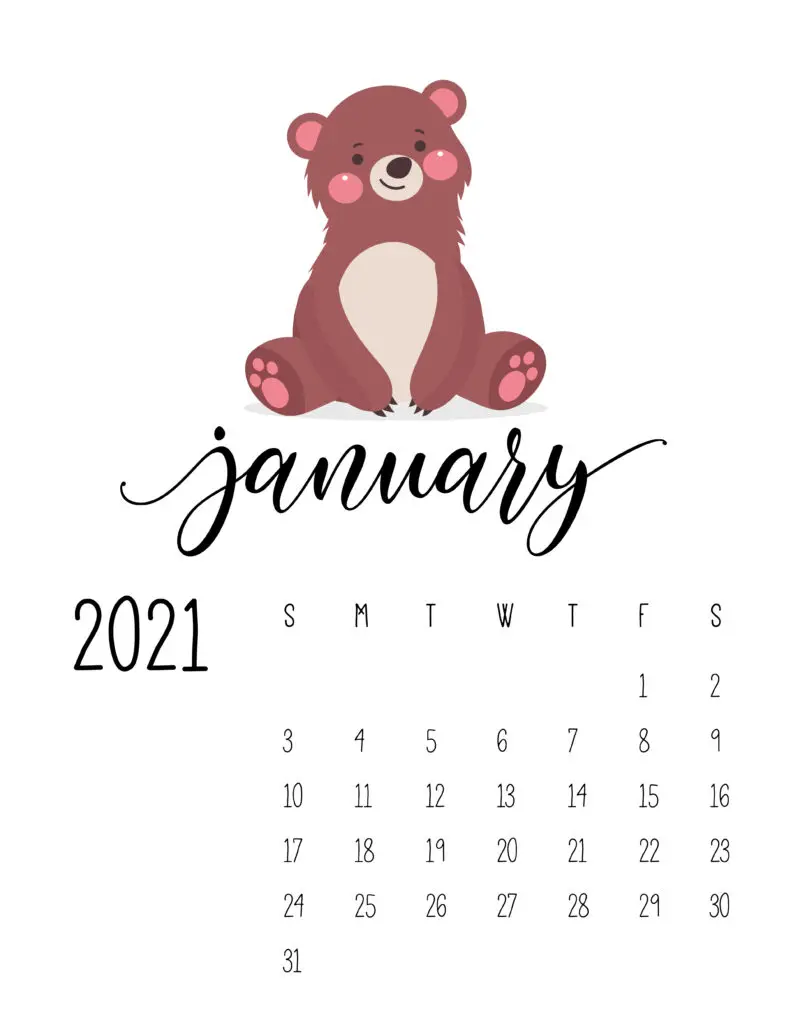 January 2021 Calendar Forest Woodland Animals