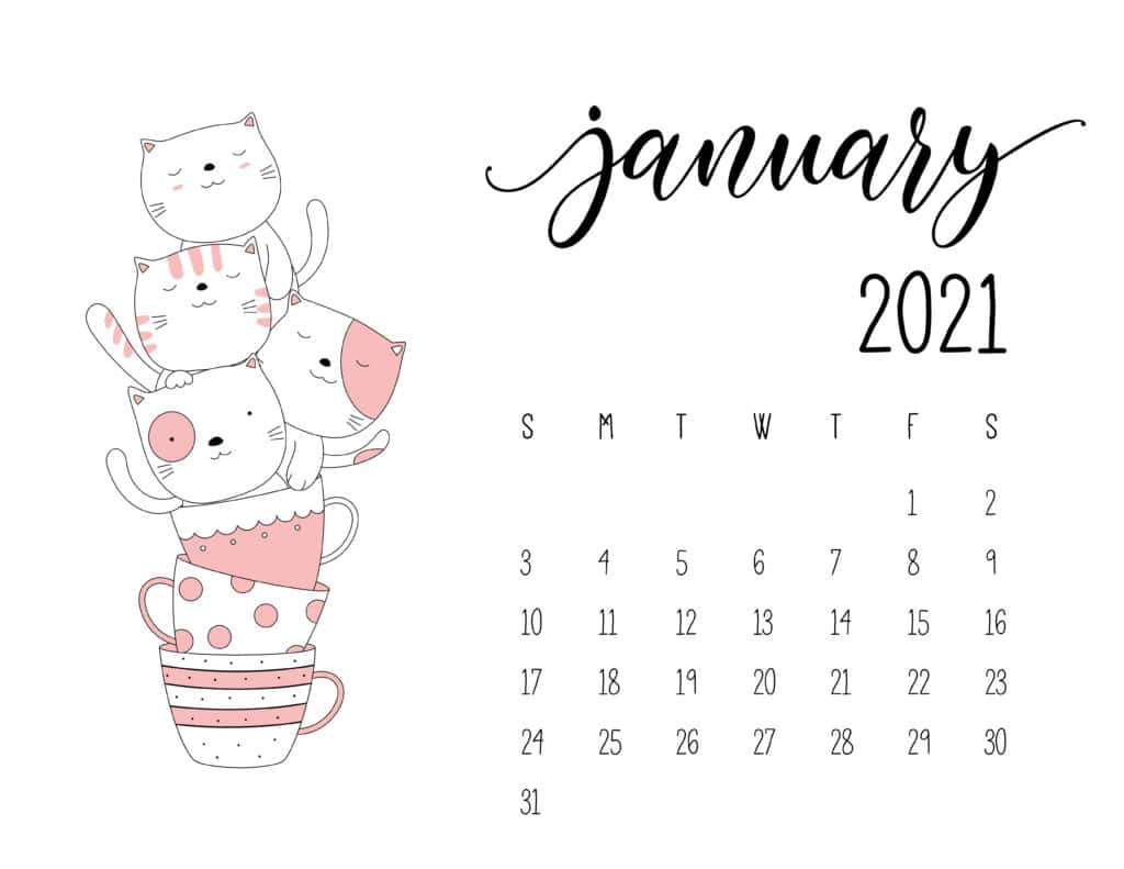 January 2021 Calendar Kittens in Tea Cups