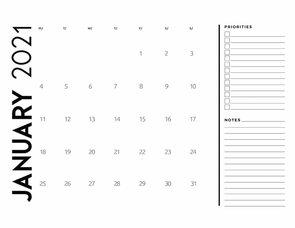 January 2021 Calendar Priorities And Notes