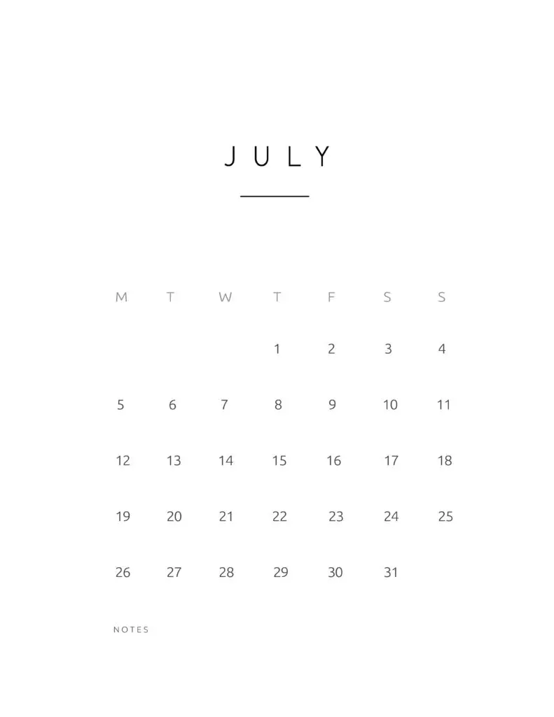 July 2021 Calendar Contemporary Style