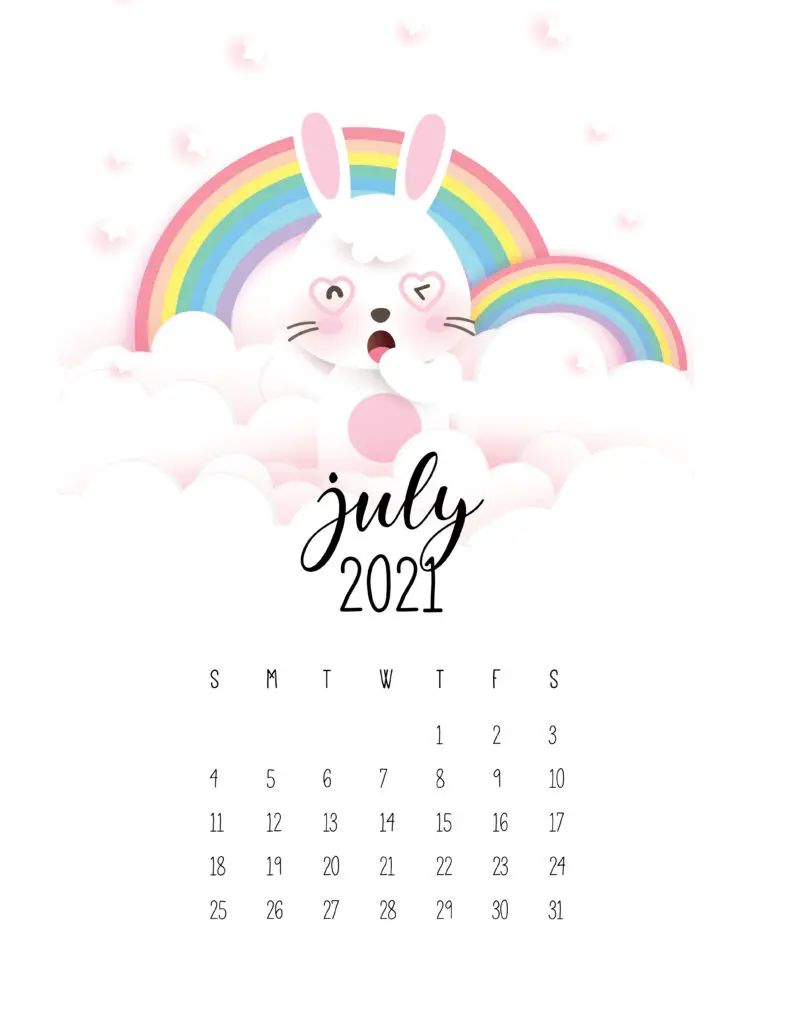 July 2021 Calendar Cute Rabbits And Rainbows