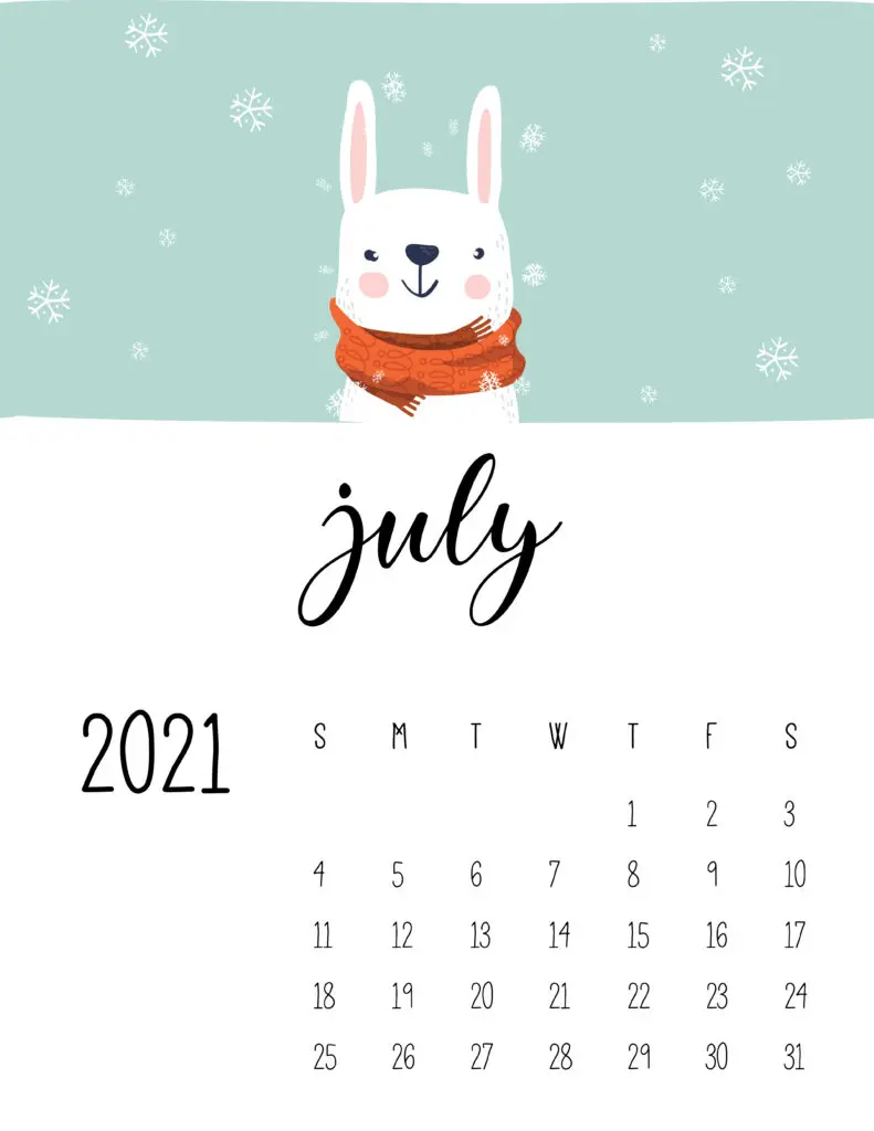 July 2021 Calendar Cute Winter Animals
