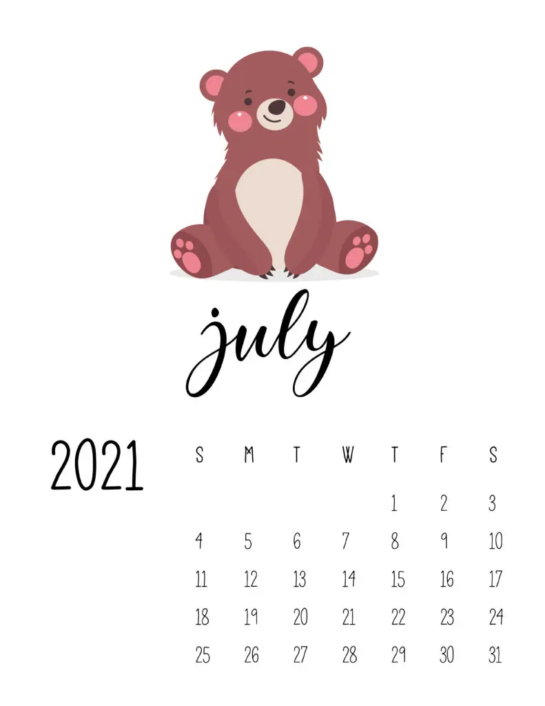 July 2021 Calendar Forest Woodland Animals