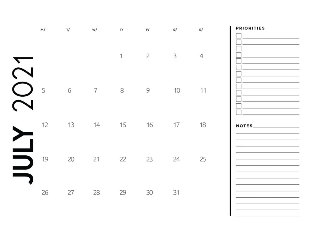 July 2021 Calendar Priorities And Notes