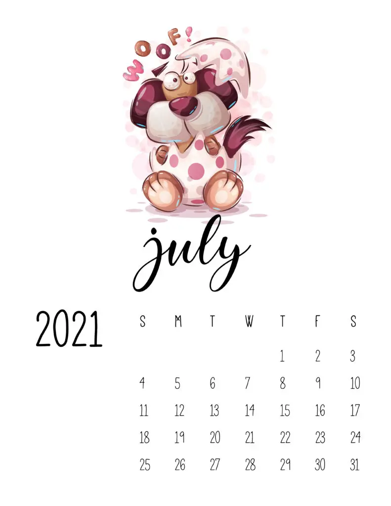 July 2021 Calendar with Cute Happy Animals