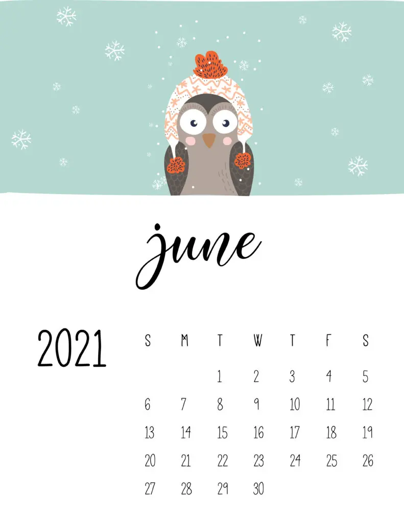 June 2021 Calendar Cute Winter Animals