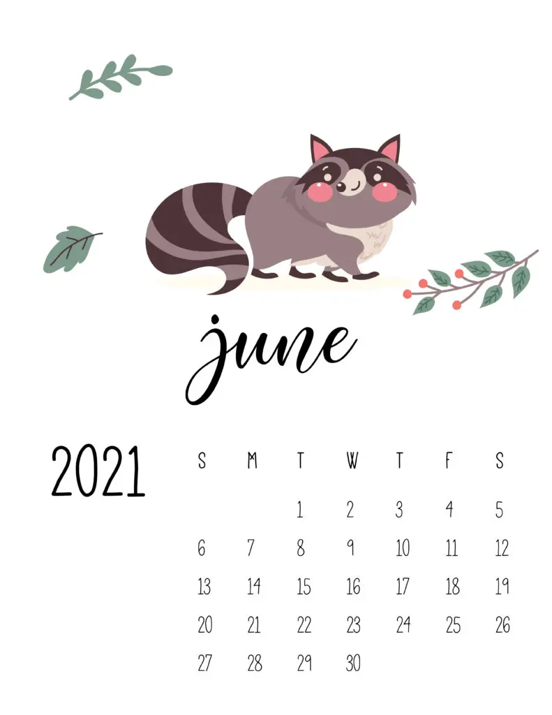 June 2021 Calendar Forest Woodland Animals