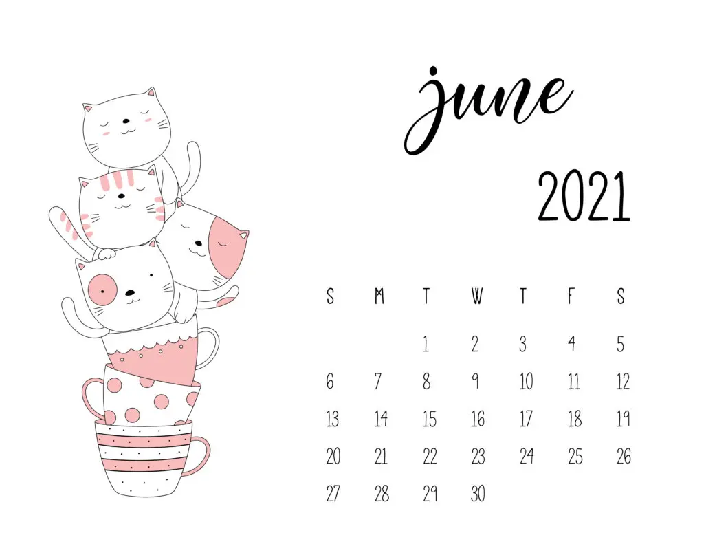 June 2021 Calendar Kittens in Tea Cups
