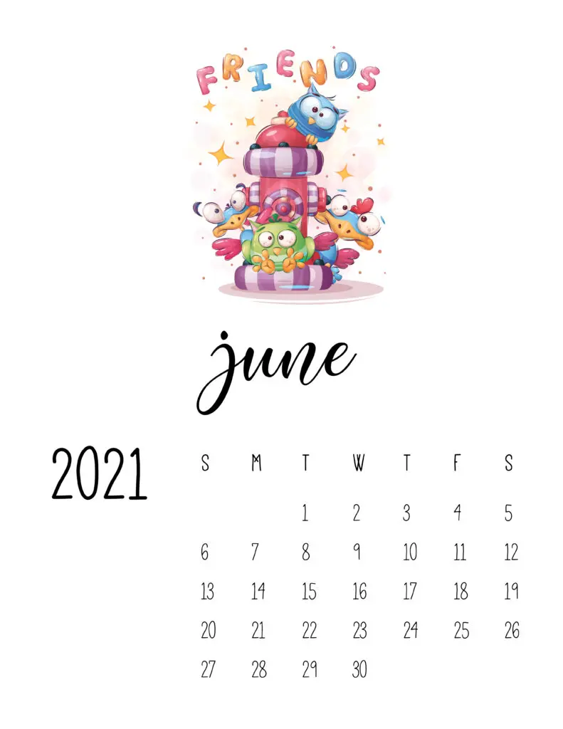 June 2021 Calendar with Cute Happy Animals