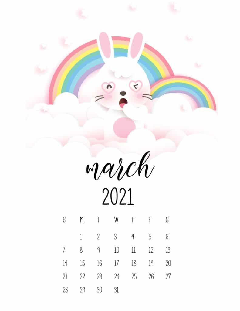 March 2021 Calendar Cute Rabbits And Rainbows
