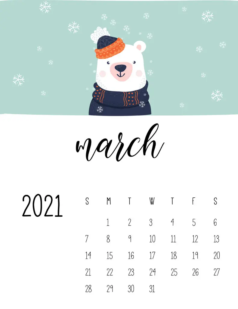 March 2021 Calendar Cute Winter Animals