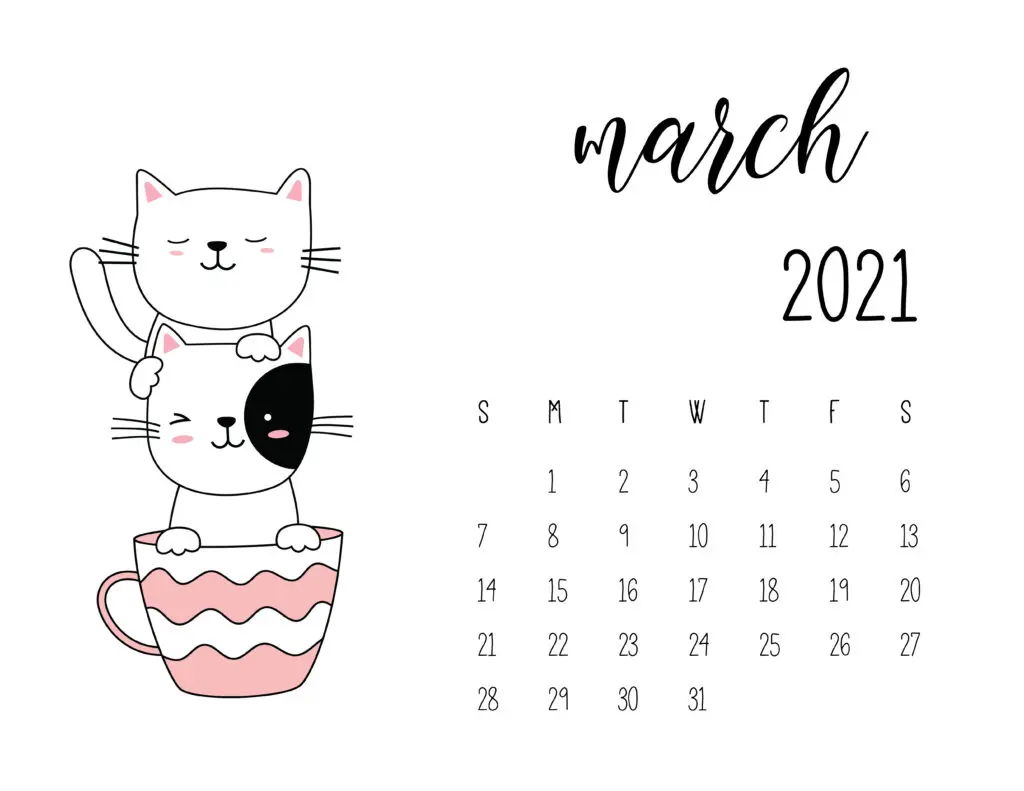 March 2021 Calendar Kittens in Tea Cups