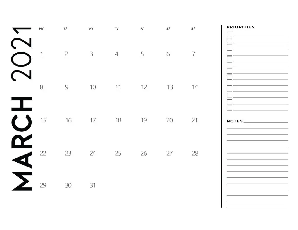 March 2021 Calendar Priorities And Notes