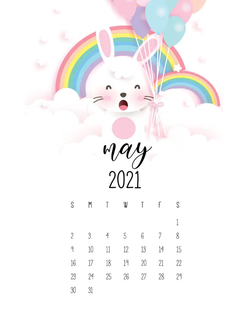 May 2021 Calendar Cute Rabbits And Rainbows