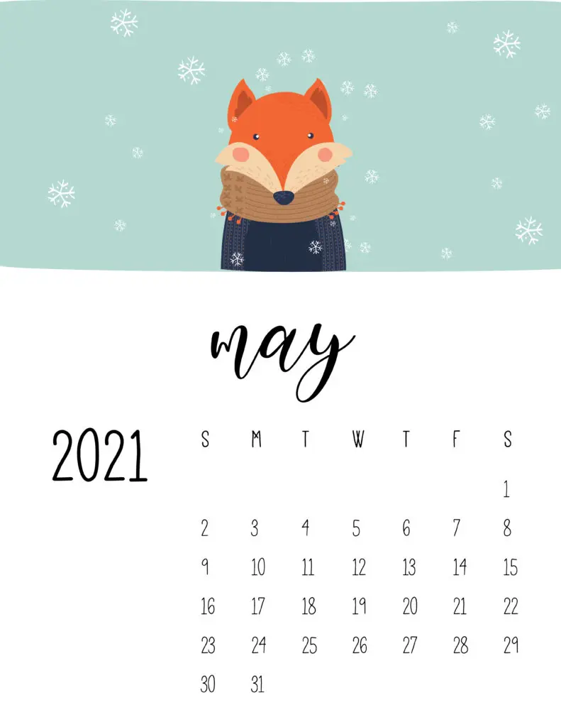 May 2021 Calendar Cute Winter Animals