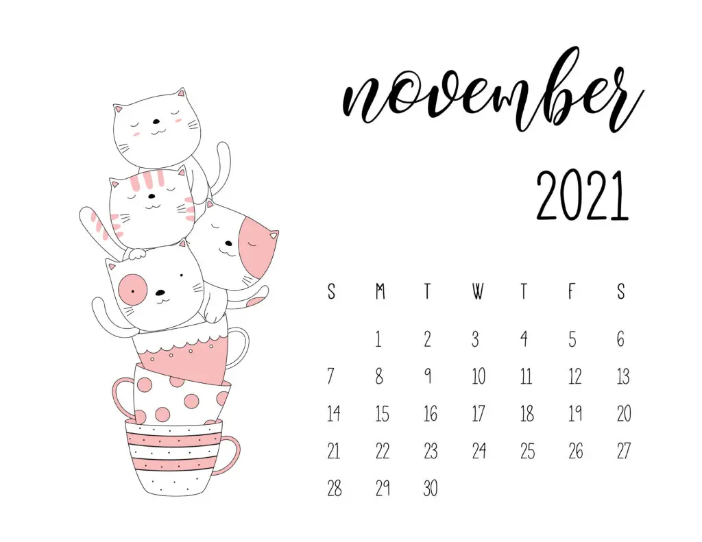 November 2021 Calendar Kittens in Tea Cups