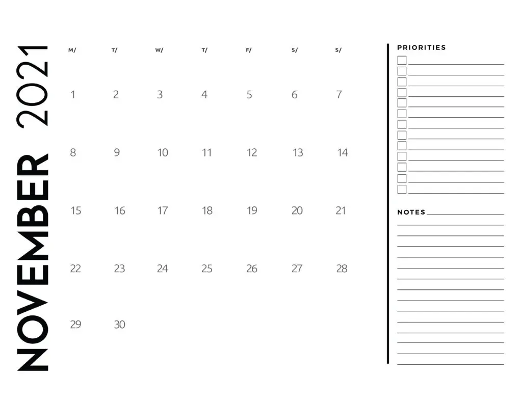 November 2021 Calendar Priorities And Notes