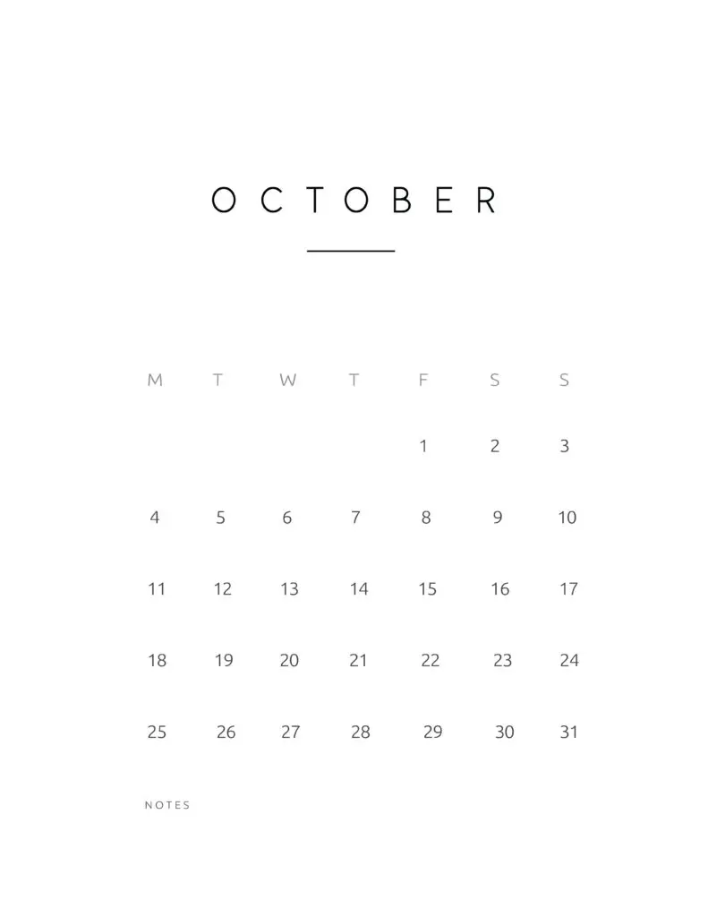 October 2021 Calendar Contemporary Style