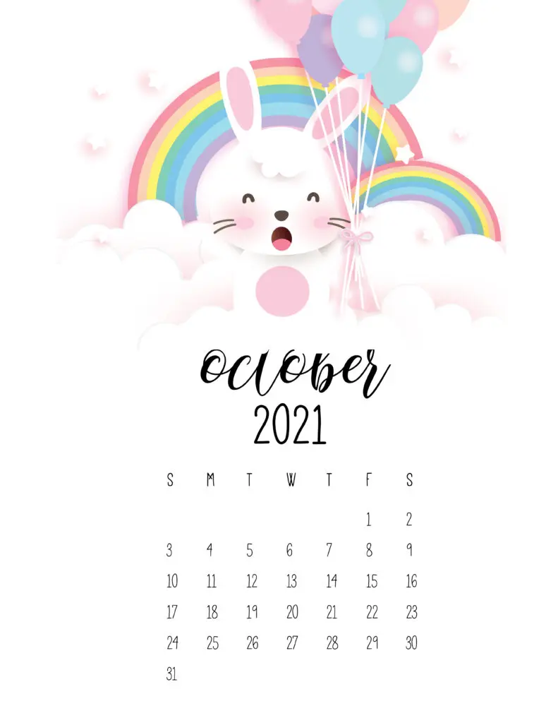 October 2021 Calendar Cute Rabbits And Rainbows