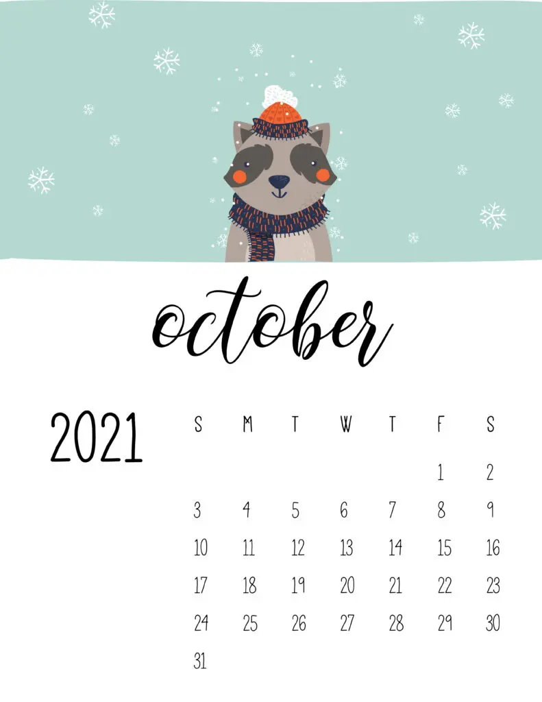 October 2021 Calendar Cute Winter Animals