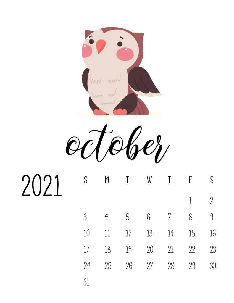 October 2021 Calendar Forest Woodland Animals