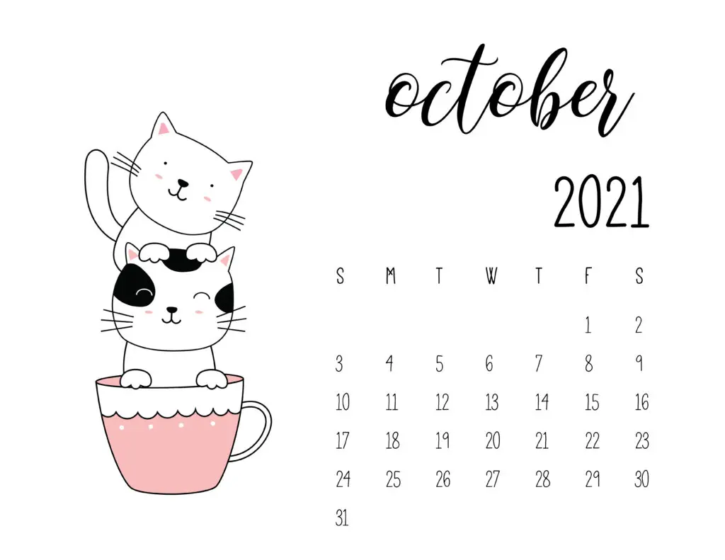 October 2021 Calendar Kittens in Tea Cups