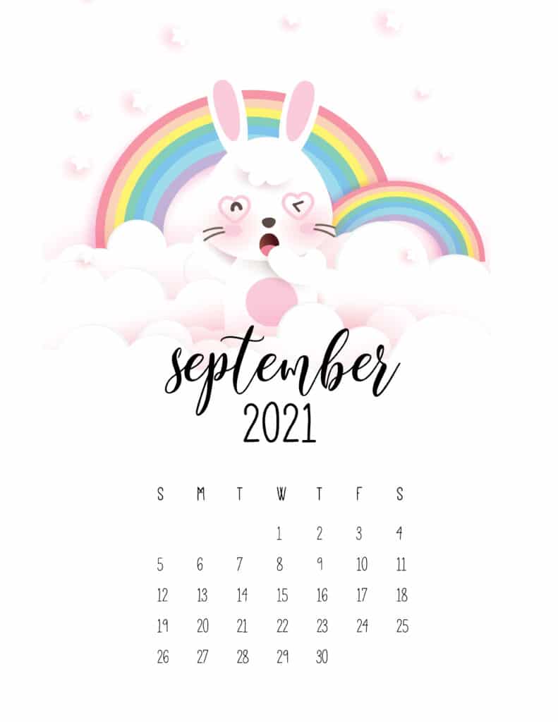 September 2021 Calendar Cute Rabbits And Rainbows