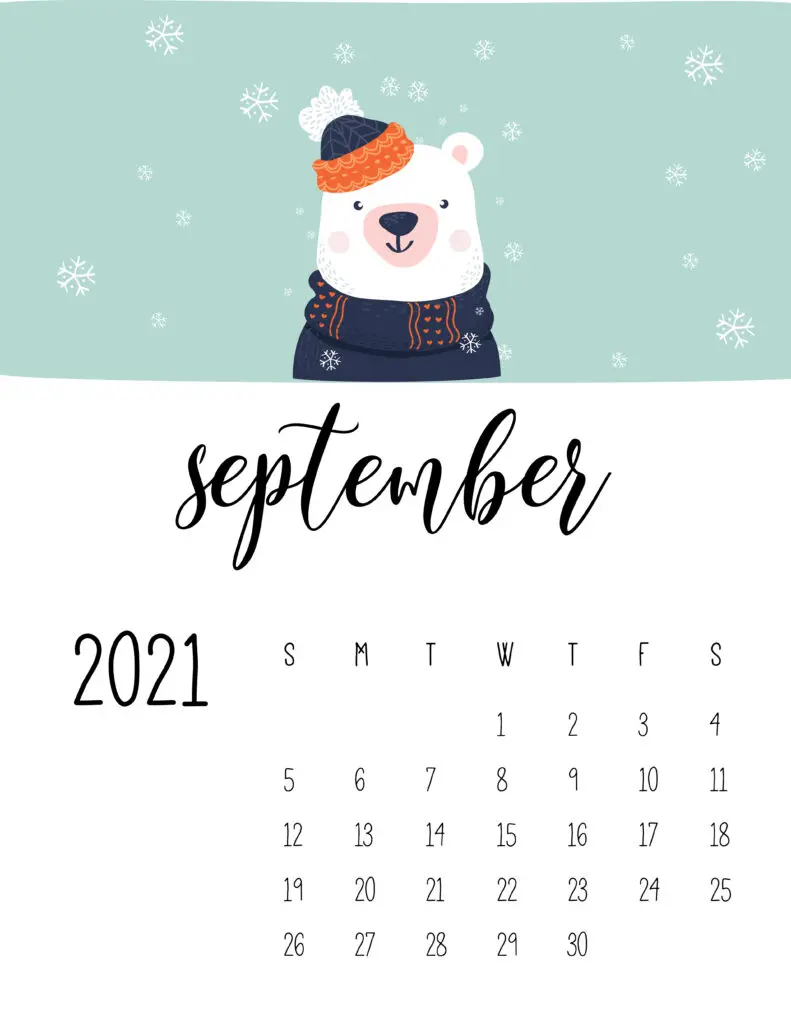 September 2021 Calendar Cute Winter Animals