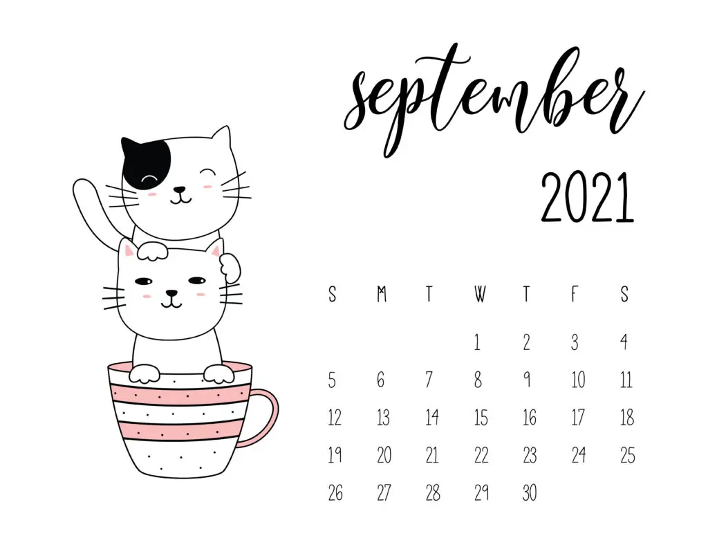 September 2021 Calendar Kittens in Tea Cups