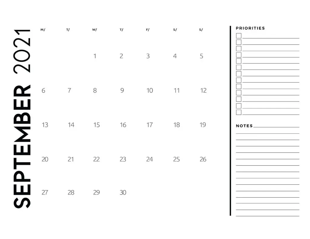 September 2021 Calendar Priorities And Notes