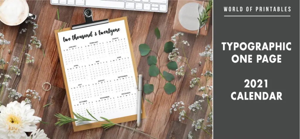 Typographic one page 2021 calendar