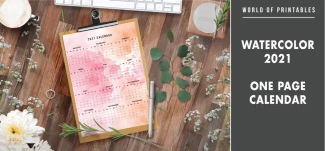 Watercolor 2021 one page calendar