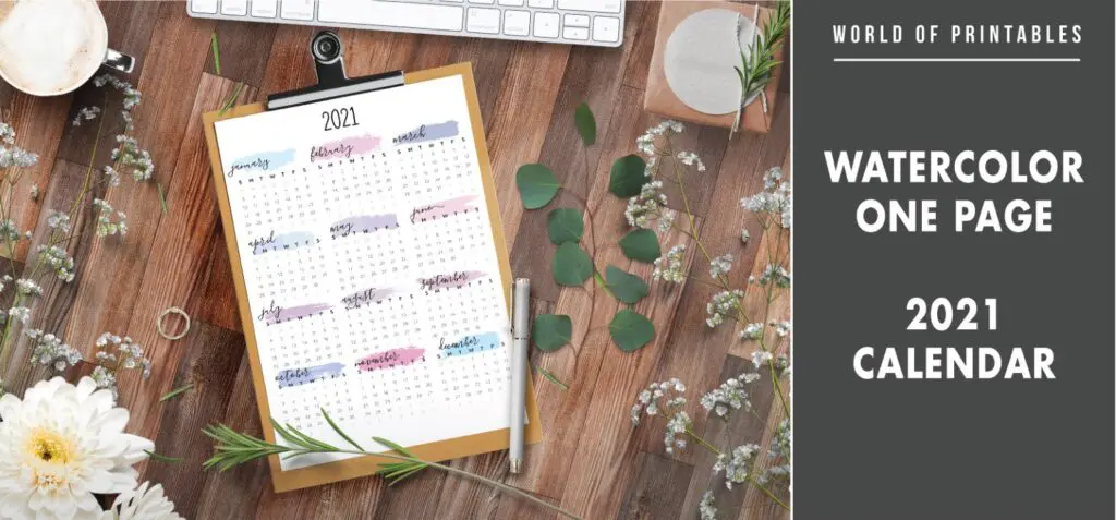 Watercolor one page 2021 calendar