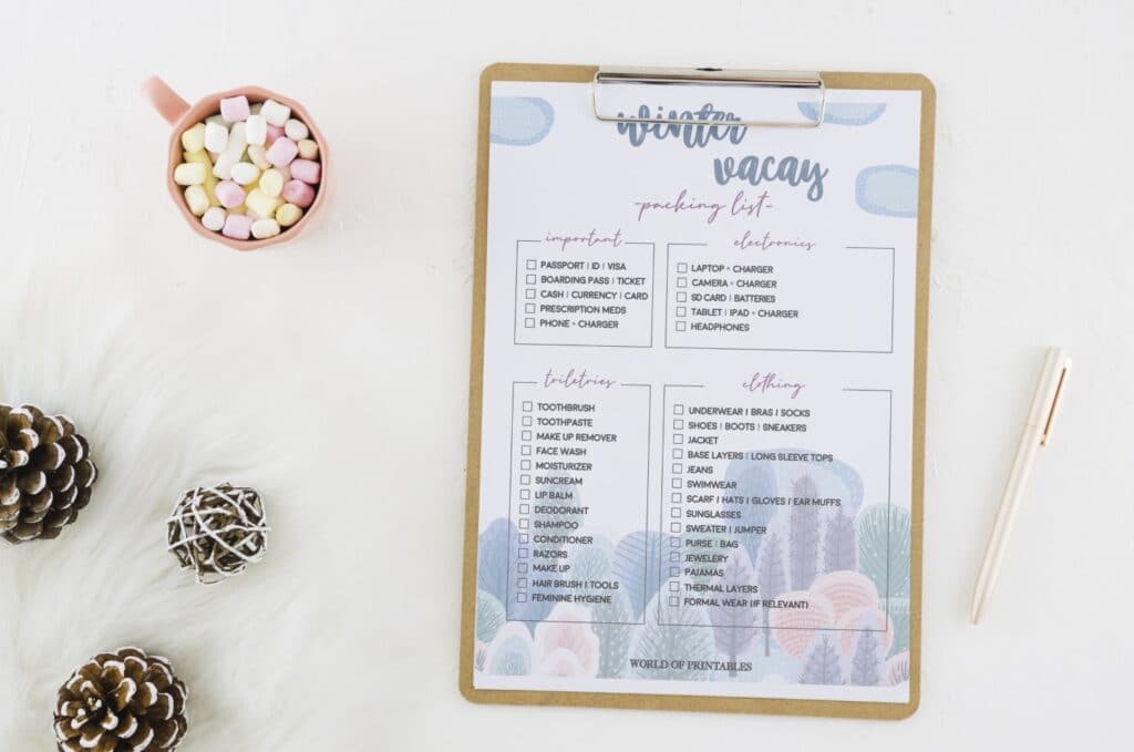 Free printable Winter Vacation Packing List