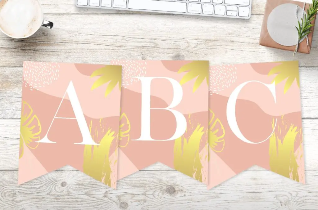 Free Printable Banner Letters in abstract style, with pink and gold and white patterns. Elegant and stylish for special occasion.