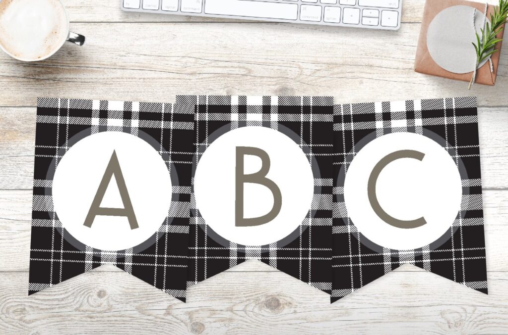 free printable black and white plaid banner letters for party and celebration. Customizable DIY banners