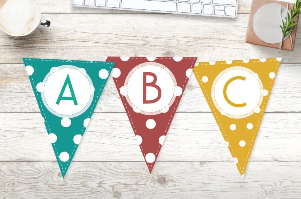 free printable colorful polka dot banner letters for a happy birthday party, baby shower.