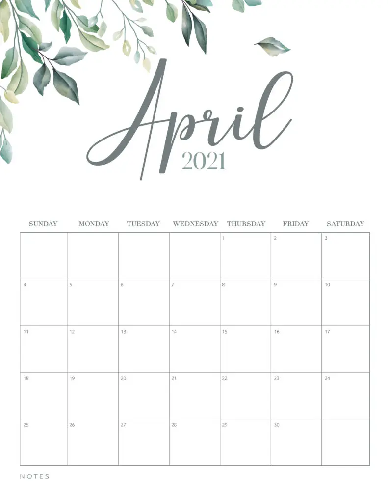 inimal Botanical April 2021 Free Printable Calendar