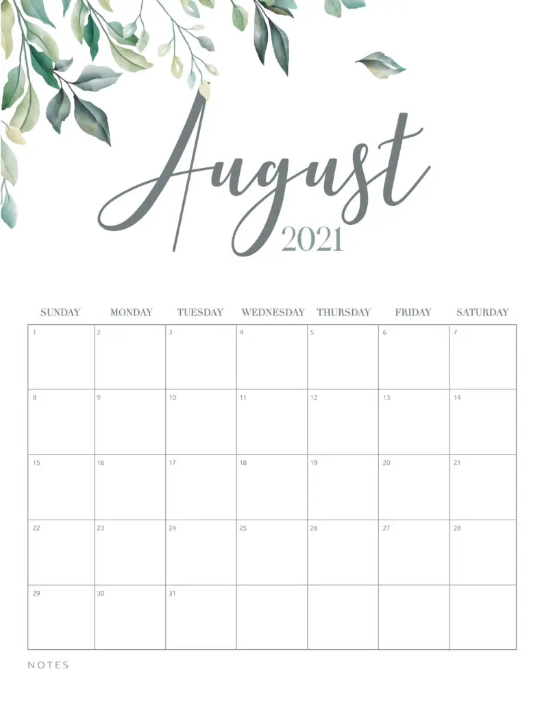 inimal Botanical August 2021 Free Printable Calendar