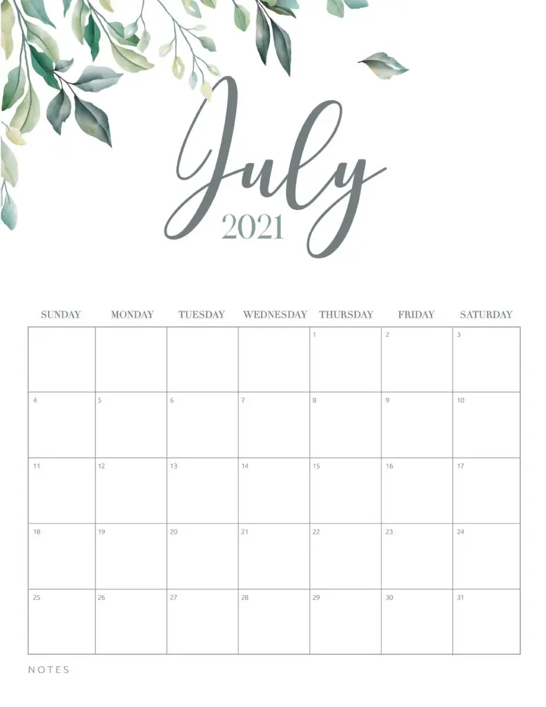 Minimal Botanical July 2021 Free Printable Calendar