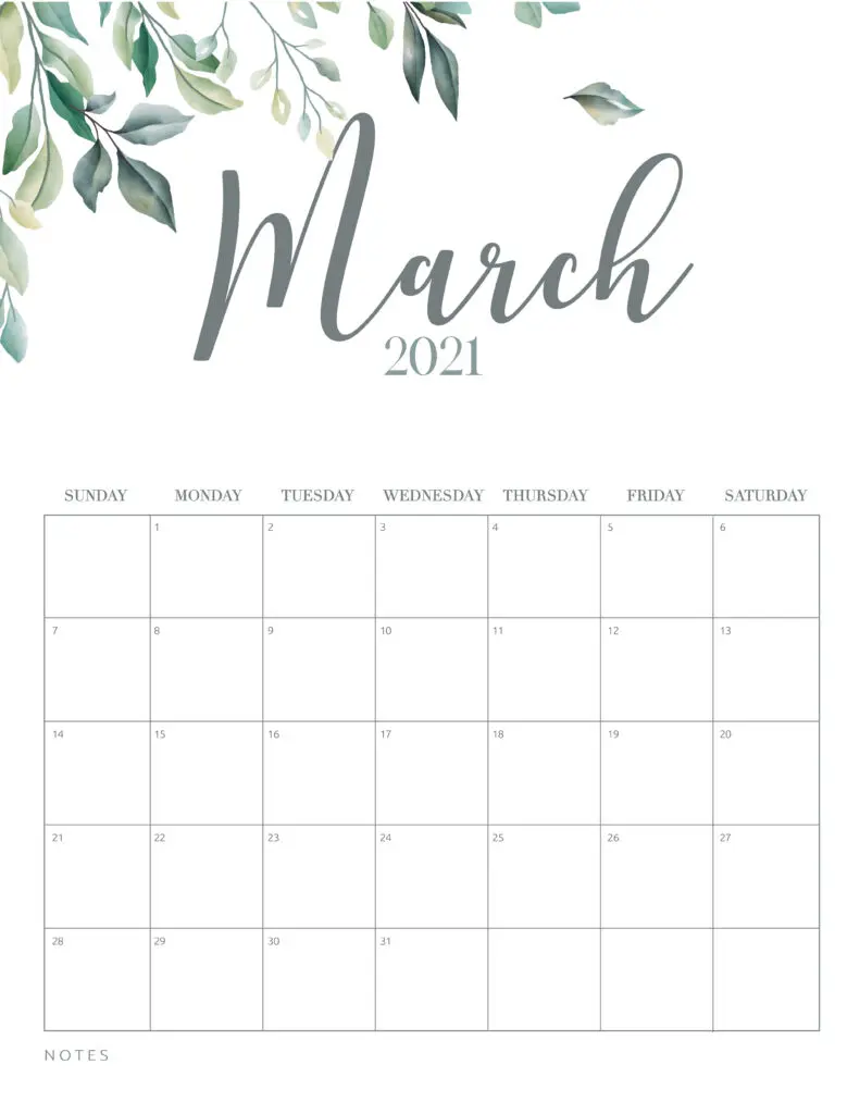 inimal Botanical March 2021 Free Printable Calendar