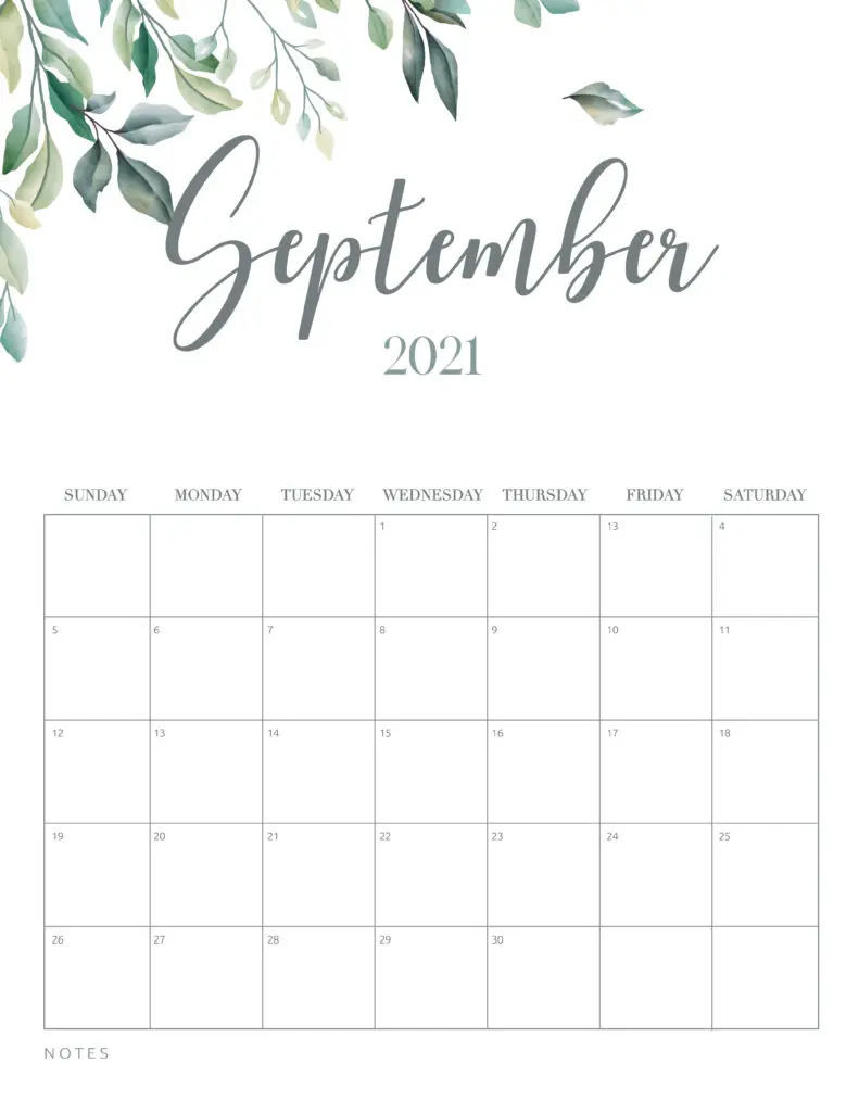 Minimal Botanical September 2021 Free Printable Calendar
