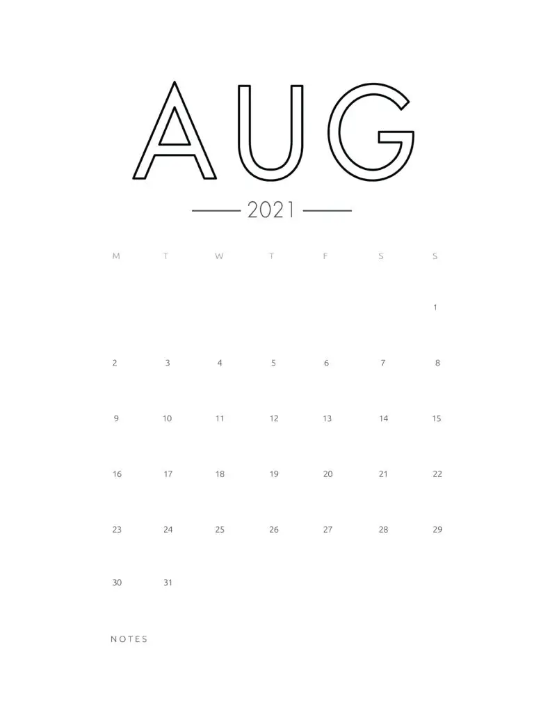 2021 August Free Monthly Calendar Template