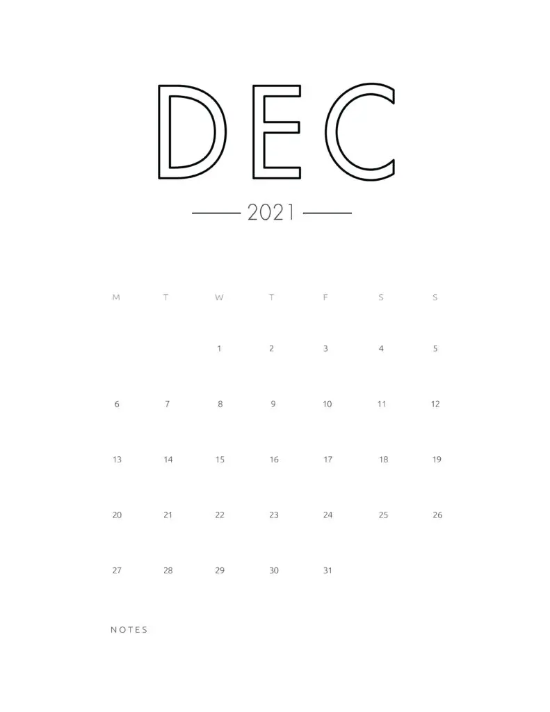 2021 December Free Monthly Calendar Template