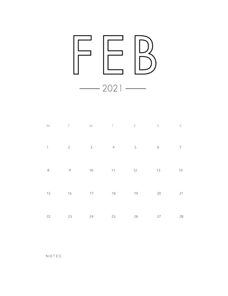 2021 February Free Monthly Calendar Template
