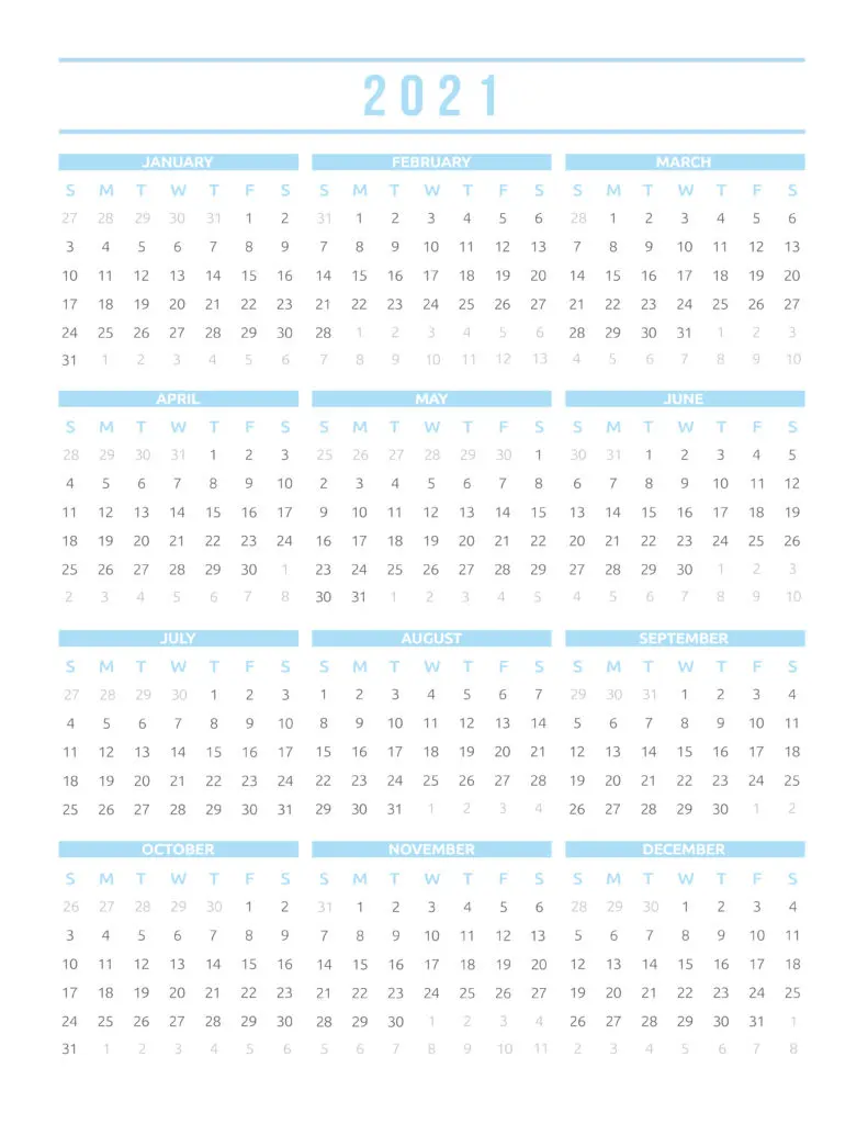 2021 Free Printable One Page Calendar