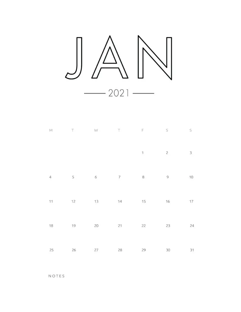 2021 January Free Monthly Calendar Template