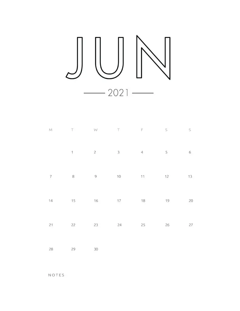 2021 June Free Monthly Calendar Template